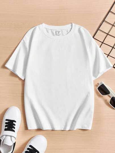 SHEIN 青少年男孩休閒純色短袖圓領t卹,適用於夏季