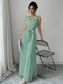 Elenzga Women's Spring/Autumn Elegant Apricot Double Breasted Pleated Jumpsuit - Green - View 6