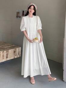 DAZY 女士宫廷风宽松圆领长裙，春夏 - 白色 - 查看 3