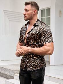 Manfinity VCAY Men's Woven Fashionable Casual Mature Leopard Print Fitted Short Sleeve Shirt, Travel Essentials - Brown - View 4
