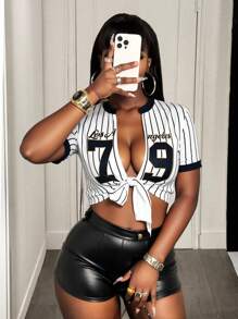 BamGleam Camiseta de manga corta con estampado de letra y rayas para mujer, verano - Multicolor - Ver 1