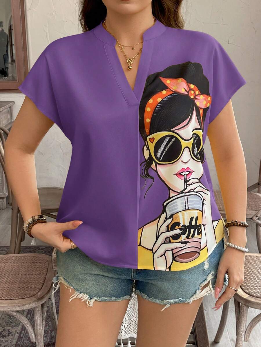 SHEIN LUNE 大码女式女孩肖像印花黄色短袖衬衫 西部风女式波西米亚 90 年代服装 节日夏季外出春季女式夏季波西米亚风老钱夏季女式圣帕特里克节复活节夏季女式春季海滩圣帕特里克节复活节休闲套装女式夏季度假女式复活节狂欢节波西米亚女式服装乡村女式乡村音乐会女式图案衬衫卡通衬衫女式可爱衬衫 - 紫色 - 查看 1