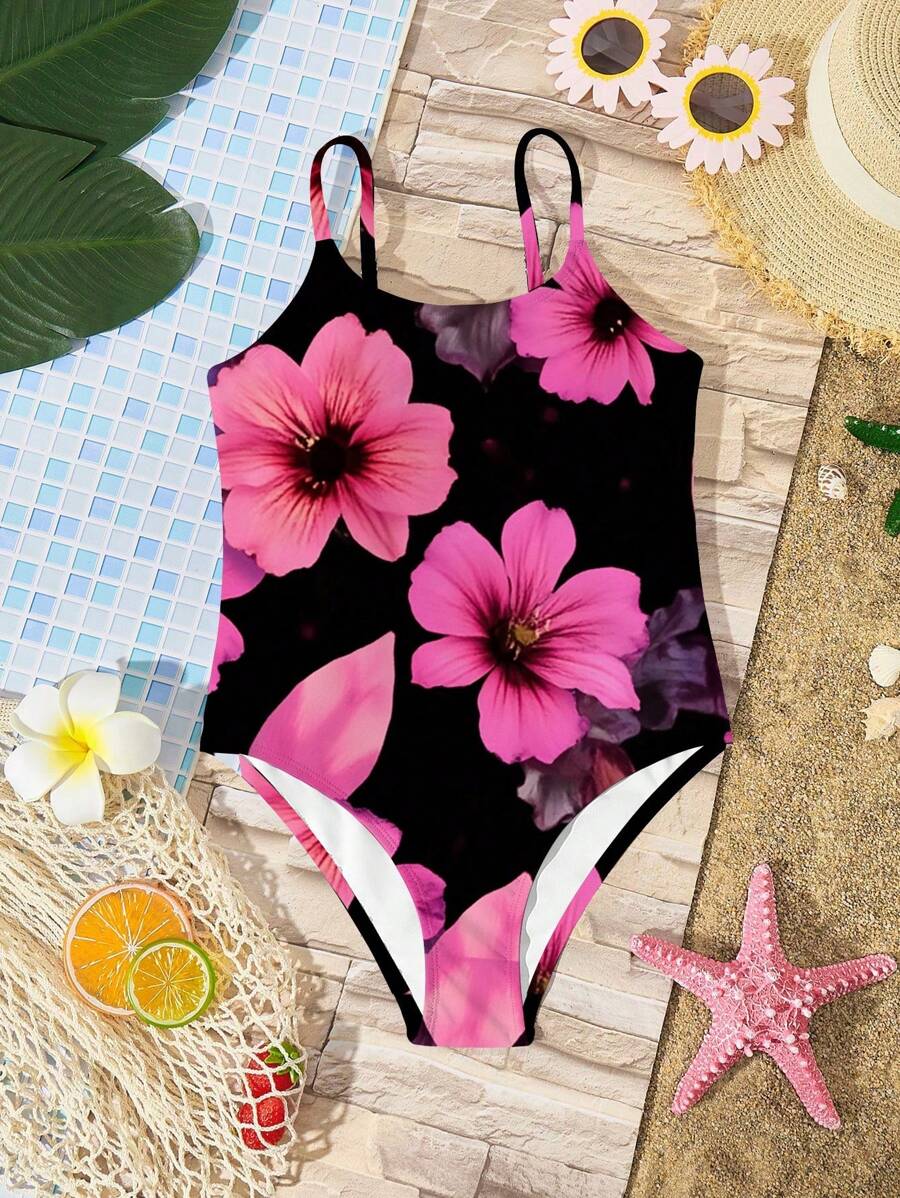SHEIN 少女休闲芙蓉花、火焰百合、海滩度假连体泳衣、适合夏季清凉穿着系列、家庭出游季节、海滩模式开启、度假配饰、少女泳衣、度假浪漫、度假放松、轻松舒适、家庭出游、花卉、度假 - 黑色 - 查看 1