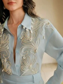 Anewsta 1 Stück Damen Blume Jacquard Langarm Einreihige Elegante Bluse