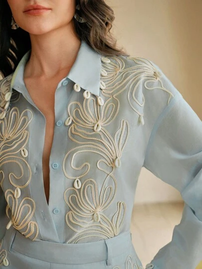 Anewsta 1pc Women's Floral Jacquard Long Sleeve Single-Breasted Elegant Blouse