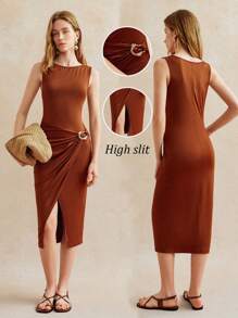 Écloséra 女士优雅圆领金属纽扣连衣裙夏季连衣裙