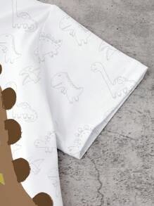 SHEIN Playful Pals 1 Set Toddler Boys' Cartoon Dinosaur Print T-Shirt And Matching Brown Shorts, Cute Outfits For Everyday Wear, Suitable For Spring And Summer