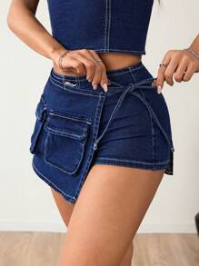 SHEIN PETITE 女式低腰牛仔裤，风琴口袋，蝴蝶结，Y2K 风格音乐节牛仔短裤 - 深色水洗藍 - 查看 5