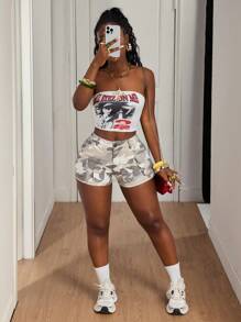 Slaydiva 女士时尚休闲百搭牛仔迷彩工装短裤 - 彩色 - 查看 7