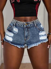 Slaydiva Short en jean punk rock clouté super court pour femmes