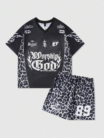 Street Life Conjunto de camiseta deportiva para hombre de material brillante con parches y tela de malla