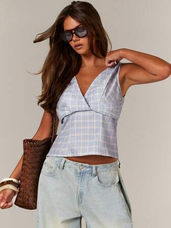 Athîral 女式格子印花V领交叉裹身无袖休闲夏季上衣