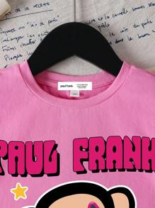 Paul Frank X SHEIN Young Girl Short Sleeve Round Neck Casual, Comfortable Cartoon Monkey, Star & English Letter Graphic T-Shirt, Summer - Pink - View 3