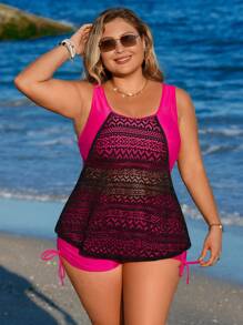 Swim Lushoire 2pcs Plus Size Women Black Lace & Burgundy Adjustable Strap Loose Fit Casual Bikini Set