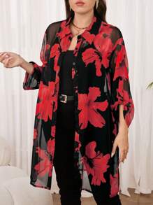 Reflora 大码女式花卉印花荷叶边袖长衬衫，休闲/度假风格