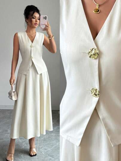 Selianne 2 件女士优雅纯色 V 领无袖上衣，带 3D 金色纽扣装饰和裙装套装，商务休闲装
