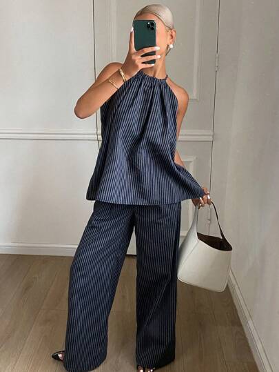 DAZY Damesset van 2 stuks: mouwloos gestreept haltertopje en wijde, lange broek, casual zomeroutfit