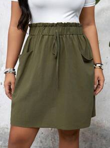 SHEIN LUNE Plus Size Women Halloween Coffee Brown Elastic Waist Fashionable Skirt