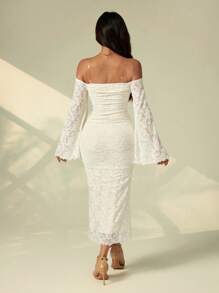 SHEIN PETITE 女士纯色优雅时尚生日服装露肩连衣裙生日礼服适合度假服装女士白色毕业礼服适合日常穿着 - 米色 - 查看 3