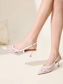 CUCCOO CHICEST 女士尖头白色蕾丝花网优雅仙女风格婚礼派对踝带细高跟鞋