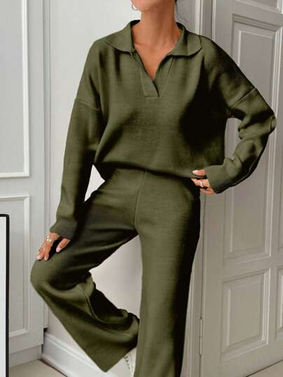 EURMUSE Woman Loose Fit Comfy Warm Thick Polo Neck Sweater And Pants Co-Ords Two Piece Set