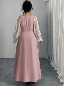 Modelyn Plus Size Color Block Mesh Panel Crew Neck Bow Knot Elegant Long Sleeve Dress Fall Cloth For Women - Pink - View 2