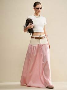 Muvela Falda plisada de cintura larga con color contrastante para mujer, casual y de moda, color rosa - Rosa - Ver 3