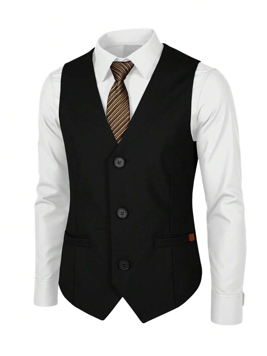 Manfinity Mode Men's Casual Business Faux Leather Blazer,Men's Business Casual, Slim, Solid Color Dress Vest Vest Vest Men's Official Suit Is Suitable For Everyday Commuting Business, Parties And Banquets. It's A Great Gift For A Boyfriend Or Husband - Black - View 1