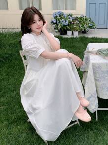 DAZY 女士宫廷风宽松圆领长裙，春夏 - 白色 - 查看 7