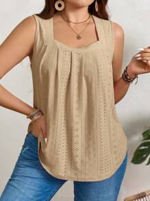 SHEIN LUNE Plus Size Women Casual Vacation Embroidered Floral Loose Fit Sleeveless Top - Khaki - View 1
