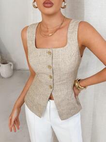 Lavishia Apricot Linen-Like Sleeveless Fitted Blouse, Suitable For Daily Commute And Work, Summer Business Women Attire Business Casual Woman Summer Outfits For Women Business Casual Woman Work Clothes Women Teacher Outfits For Women Work Outfits For Women  Teacher Outfits For Women Office Outfits For Women Work Clothes Women Business Casual Woman Classy Top Womens Sleeveless Top Button Down Vest