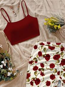 Soleia 2 件套女士夏季纯色吊带背心和花卉印花侧开衩中长裙套装 - 乾枯玫瑰色 - 查看 4