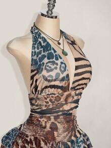 SHEIN ICON Plus Size Leopard Print Halter Neck Ruched Waist Multi-Layered Mesh Panel Dress,Summer Dresses For Women - Multicolor - View 5