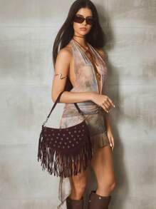 SHECARRY 1 chiếc tua rua phong cách Bohemian trang trí đinh tán theo phong cách phương Tây túi đeo vai nữ - Cà phê - Xem 8