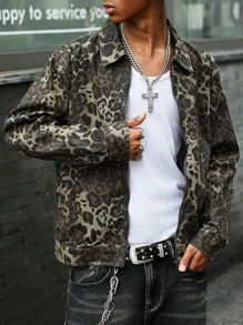 Manfinity EMRG Men Long Sleeve Leopard Print Zip Front Denim Jacket, Fall - Multicolor - View 3