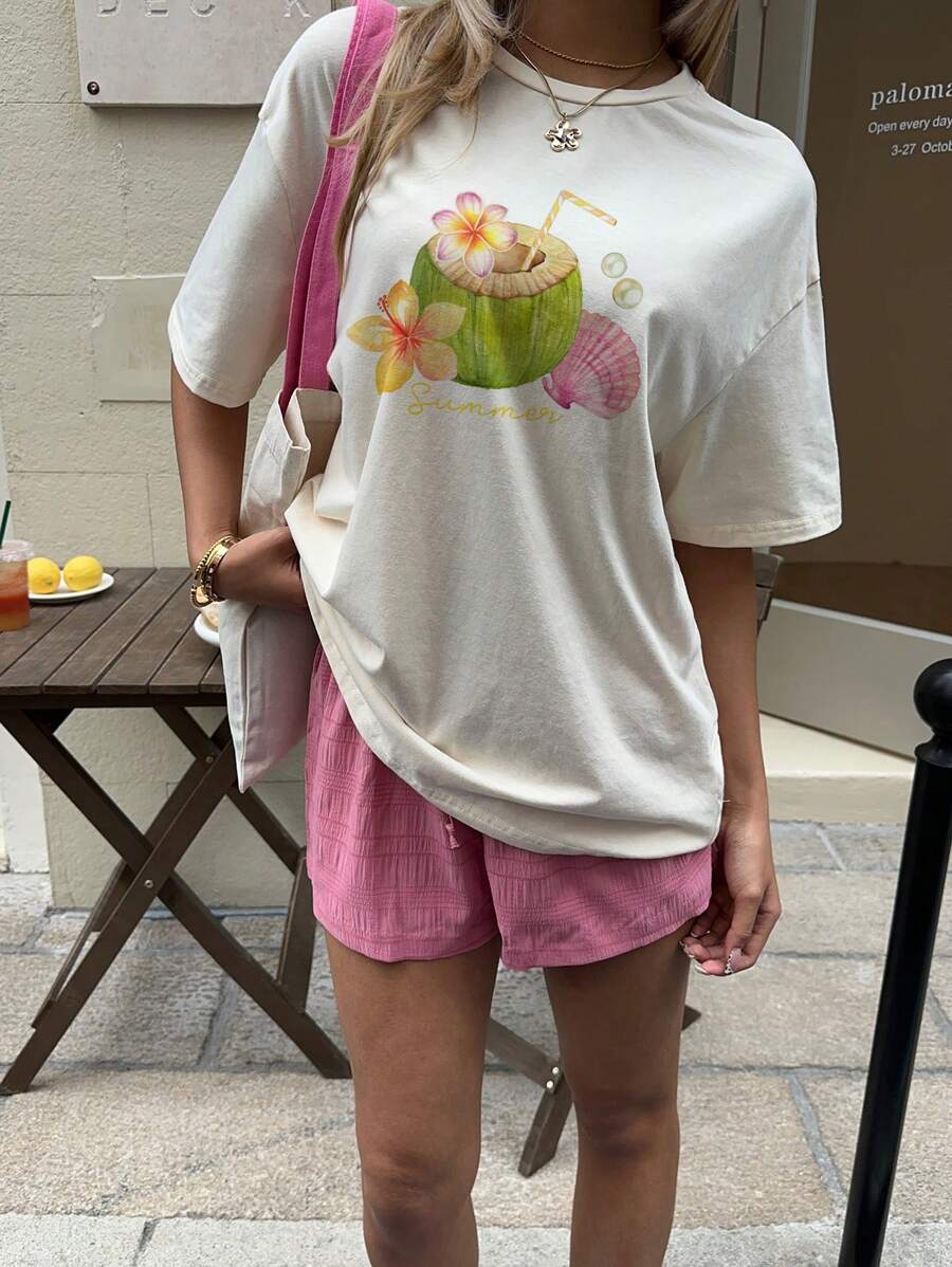 SHEIN EZwear 超大号粉色贝壳、树叶和花朵图案圆领短袖宽松女士 T 恤，休闲度假套头衫