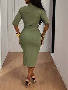 SHEIN SXY 女式纽扣半襟开衩下摆修身休闲牛仔连衣裙 - 橄欖綠 - 查看 3