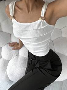 SHEIN Essnce Women's White Semi-Sheer Knitted Crop Tank Top With Gold Ring Detail - White - View 2