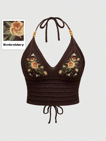 Fairycore Vintage Große Größen Blumen und Botanik Stickerei ärmelloser gestrickter Pullover