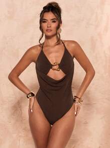 SHEIN BAE Summer Shades Of Brown 70's Club Night Party Disco Halterneck Metal Buckle Elegant Tight Bodysuit,Coffee Brown Music Festival Vacation Clothing - Brown - View 1