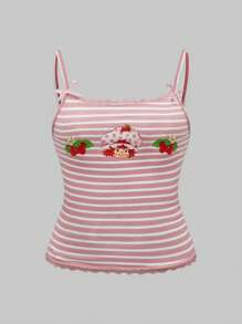 Strawberry Shortcake | ROMWE Plus Size Strawberry Crisp & Striped Pattern Cute Cami Top - Pink - View 1