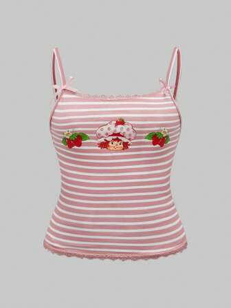 Débardeur mignon à motifs de fraises croquantes et rayures, en grande taille