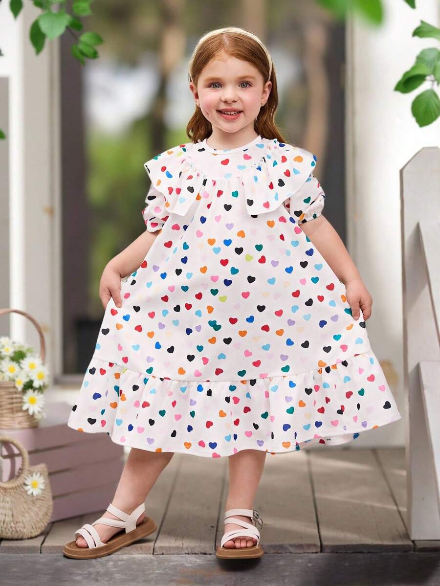 SHEIN 年轻女孩心形图案泡泡袖荷叶边腰休闲迷你连衣裙 - 白色 - 查看 1