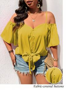SHEIN LUNE Áo cánh hở vai cổ chữ V thời trang giản dị cổ điển cỡ lớn - Màu vàng - Xem 7