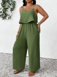 SHEIN Frenchy Plus Size Casual Holiday Textured Solid Color Jumpsuit - Green - View 6