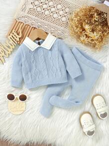 SHEIN Vintaside Kids Toddler Fashion Gentlemen Style Sweater Set, Peter Pan Collar Long Sleeve Top Paired With Newborn Warm Leggings, Simple Yet Stylish Daily Outfit, Make Your Baby Look Like A Little Gentleman - Blue - View 4