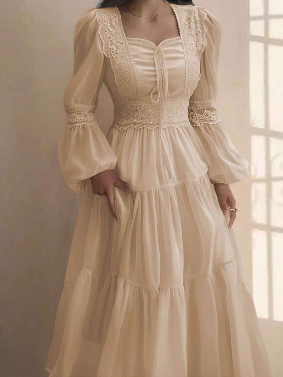 DAZY 女士方领蕾丝拼接复古公主风收腰连衣裙，法式优雅美学，春秋季女装，女士连衣裙，生日女士休闲连衣裙，女士白色连衣裙，女士大码服装，正式场合，返校服装，长袖连衣裙 - 淡黃色 - 查看 1