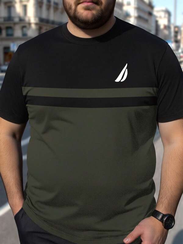 Manfinity Homme Camiseta de cuello redondo de manga corta con bloque de color para hombre talla grande