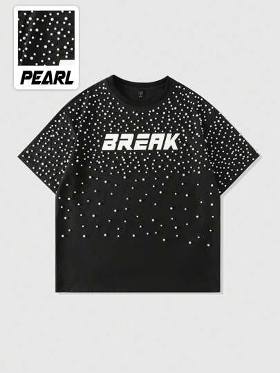 Street Life T-shirt ample à manches courtes avec décoration de perle 3D, style court pour hommes