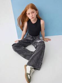 Leap Crew Leap Crew Tween Girls' Spring Summer Boho 2 Pieces Solid Tank Top Vest& Stonewashed Distressed Ripped Denim Straight Leg Jeans Set,Summer Girls Set Clothes Outfits - Black - View 2